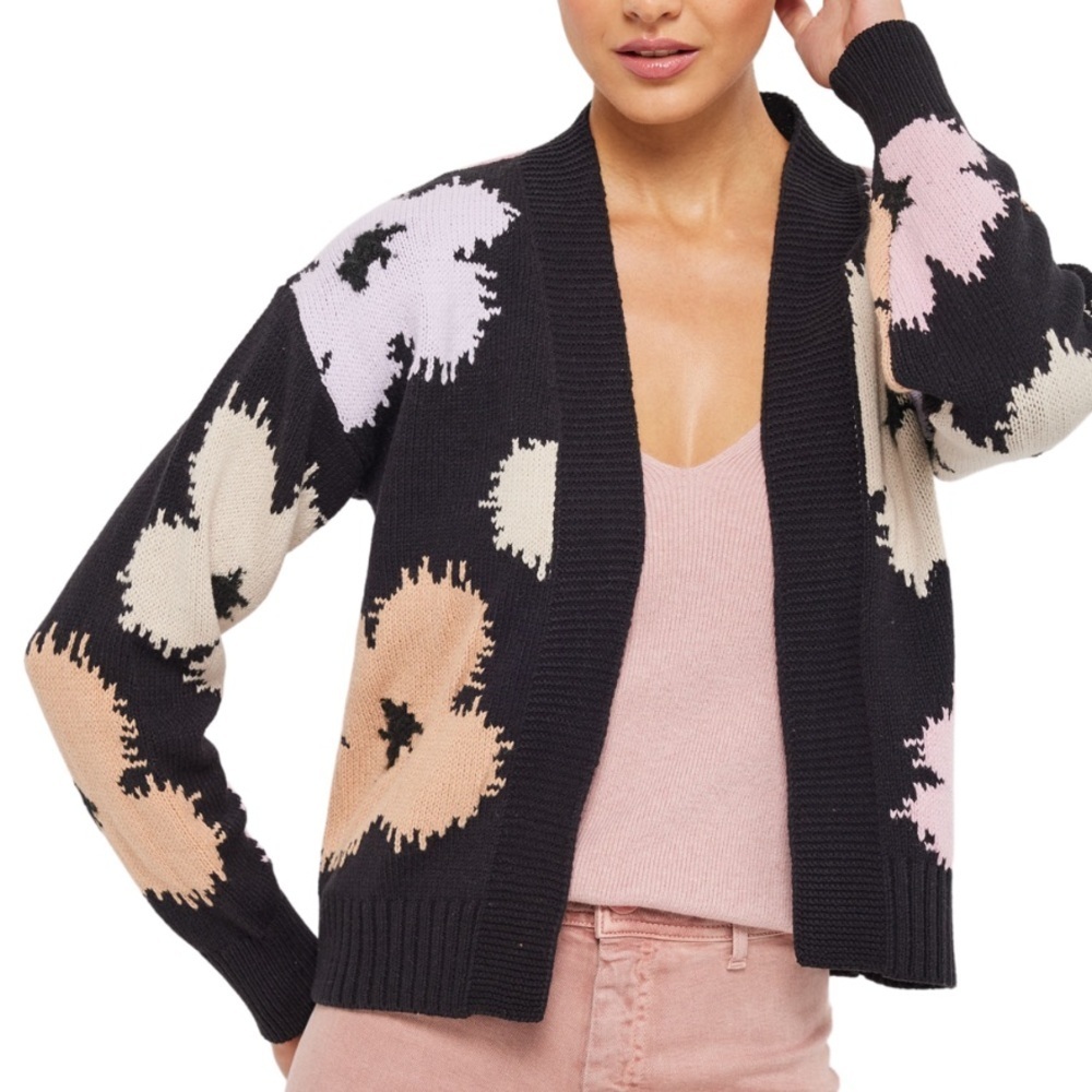 Lisa Todd Sz Small Lazy Daisy Floral Open Front Chunky Cardigan Sweater